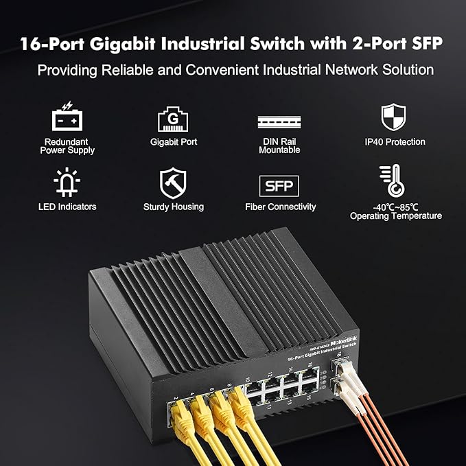 MokerLink 16 Port Gigabit Industrial DIN-Rail Ethernet Switch, 2 Gigabit SFP - Image 2