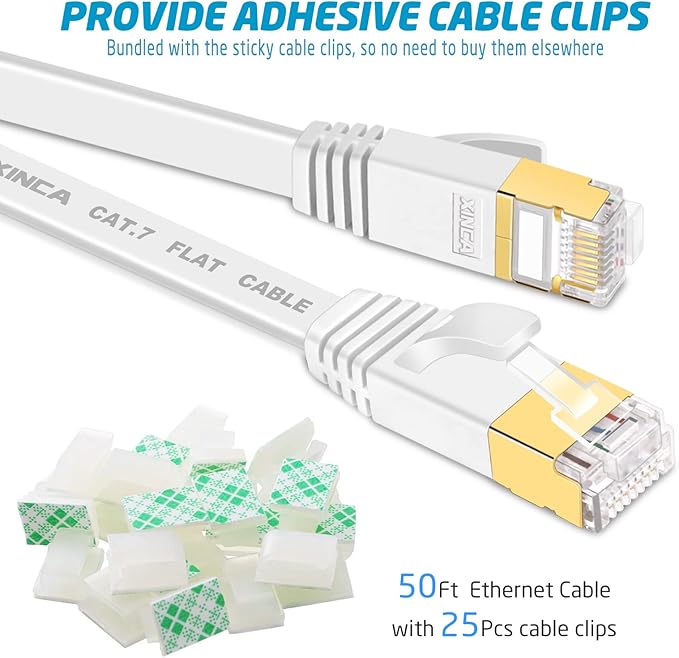 Cat 7 Flat Ethernet Cable 50ft White, High Speed 10GB Shielded LAN Internet - Image 2