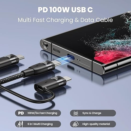 100W USB C Multi Charging Cable, USAMS 4FT 5-in-1 5A Fast Sync Charger Adapter - Image 2