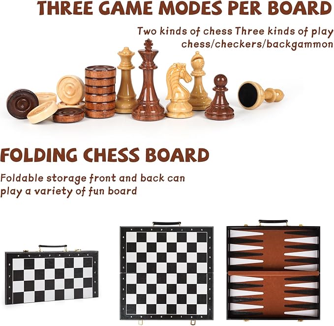 Chess Checkers Backgammon Set 3-in-1 Board Games Sets - Image 3