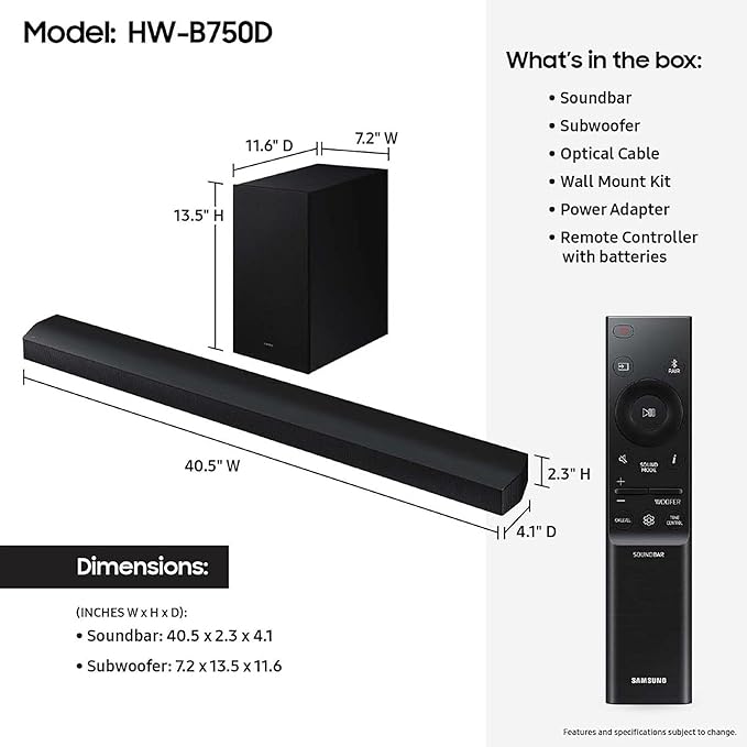 Samsung HW-B750D/ZA 5.1 ch Soundbar w/ Dolby Audio, Surround Sound expansion - Image 2