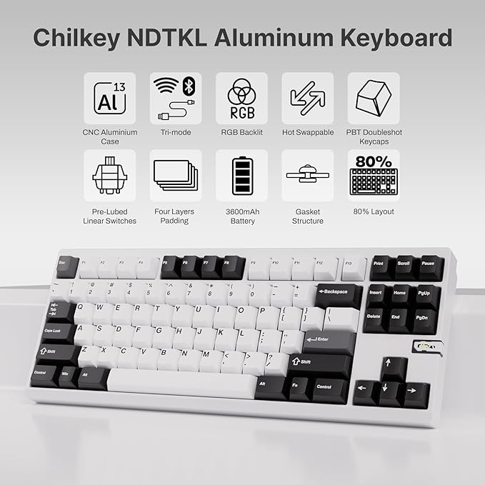 Chilkey ND TKL Aluminum Mechanical Keyboard, 87 Keys Tenkeyless Wireless Gaming - Image 2