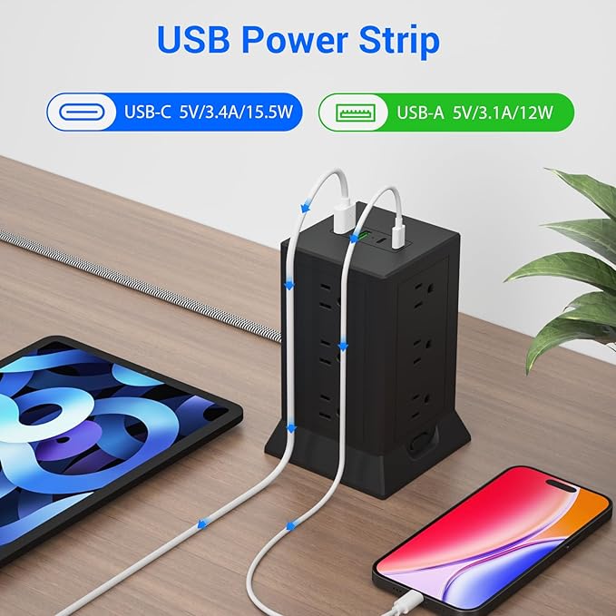 Power Strip Tower with Multiple Outlets, 6.5 Ft Extension Cord Flat Plug with - Image 4
