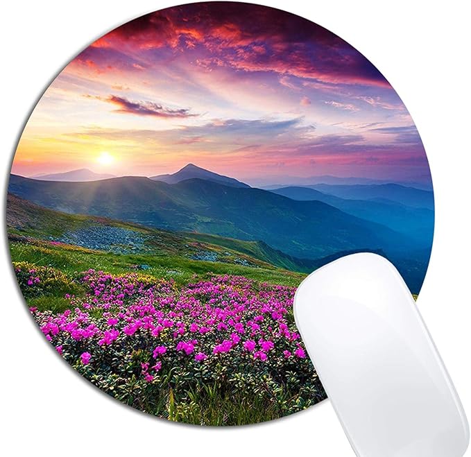 Nature Purple Flowers Meadow Mountain Scenic Mouse Pad Round Non-Slip Rubber by XDMY