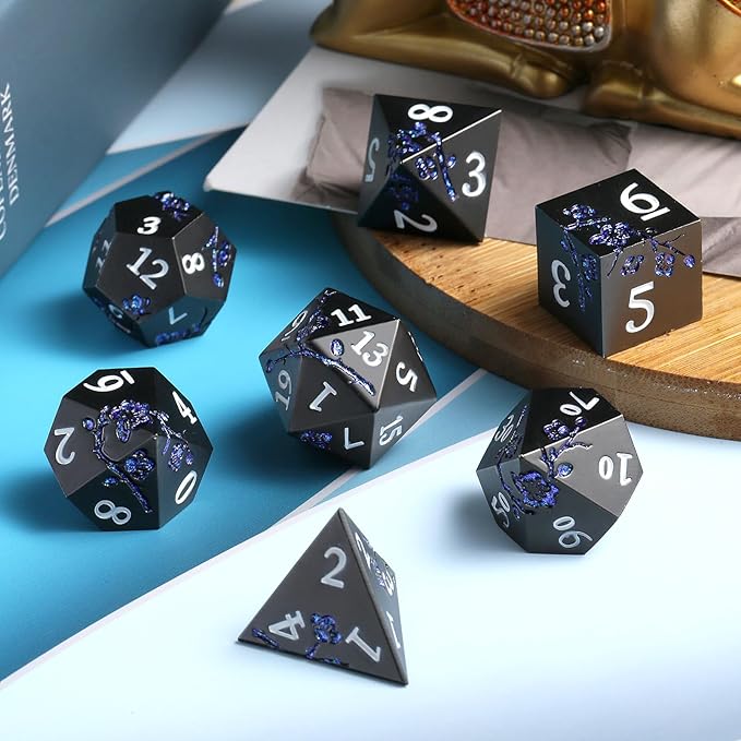 Glitter Blue D&D Metal Dice, DNDND 7 PCS Flower Metallic DND Dice Set - Image 5