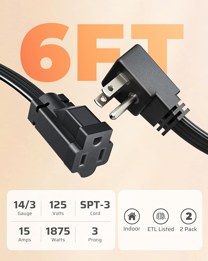 DEWENWILS 6FT Flat Plug Extension Cord - Image 2