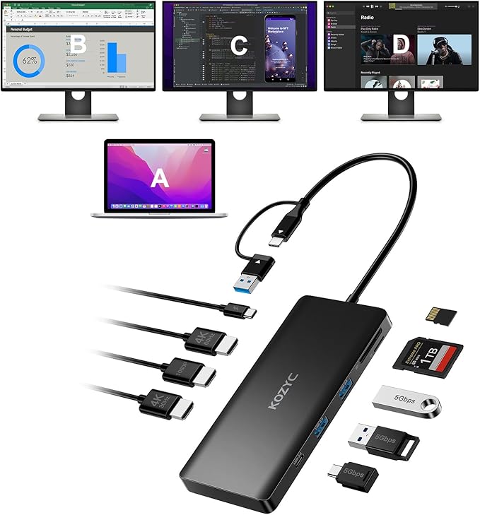 USB C Docking Station 3 Monitors Compatible by KOZYC