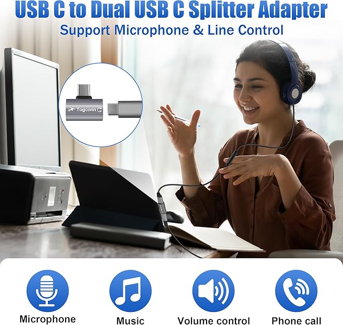 Dual USB C Headphone and Charger Adapter Splitter, 2-in-1 Type C to USB-C Audio - Image 5