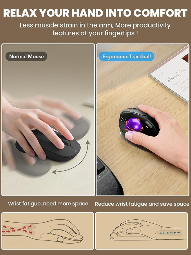 Wireless Trackball Mouse, Ergonomic Bluetooth Rechargeable Computer Mouse - Image 3