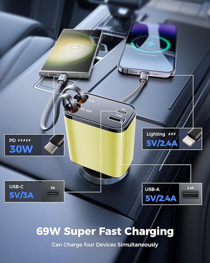 4 in 1 Retractable Car Charger, SUPERONE Smaller Fast Car Phone Charger 69W - Image 6