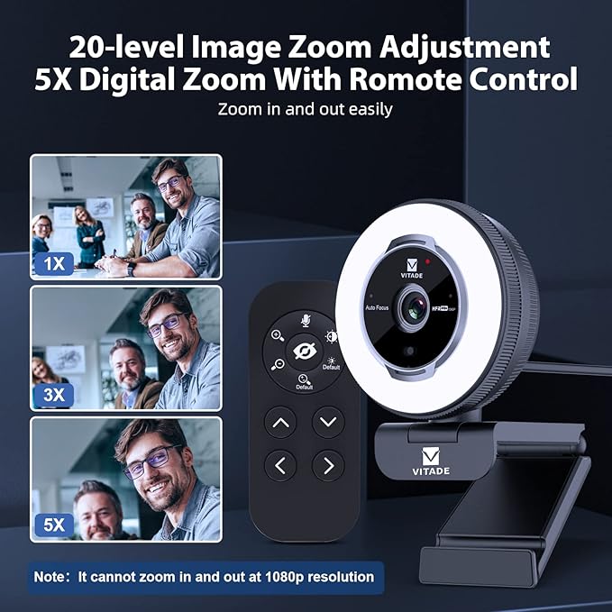 Zoomable Webcam with Remote Control, 1080P 60FPS Streaming with Ring Light and - Image 5