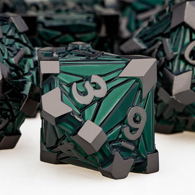 7PCS Metal DND Dice Set with Box, Debris RPG Green D and D Dice - Image 4