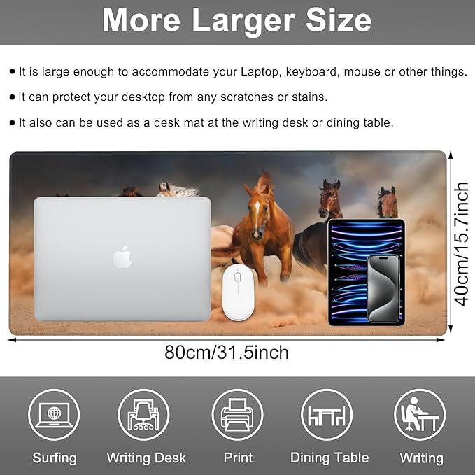 Mouse Pad, Large Running Horse Herd Desk Mat, Extended Non-Slip Gaming Keyboard - Image 2