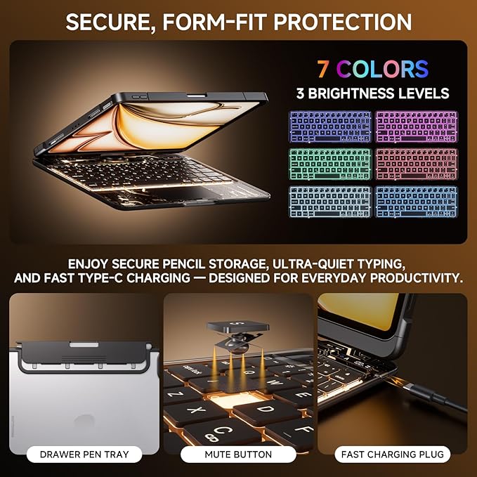 Transparent Case with Keyboard for 2024 iPad Pro 11-inch, with 7-Color Backlit - Image 7