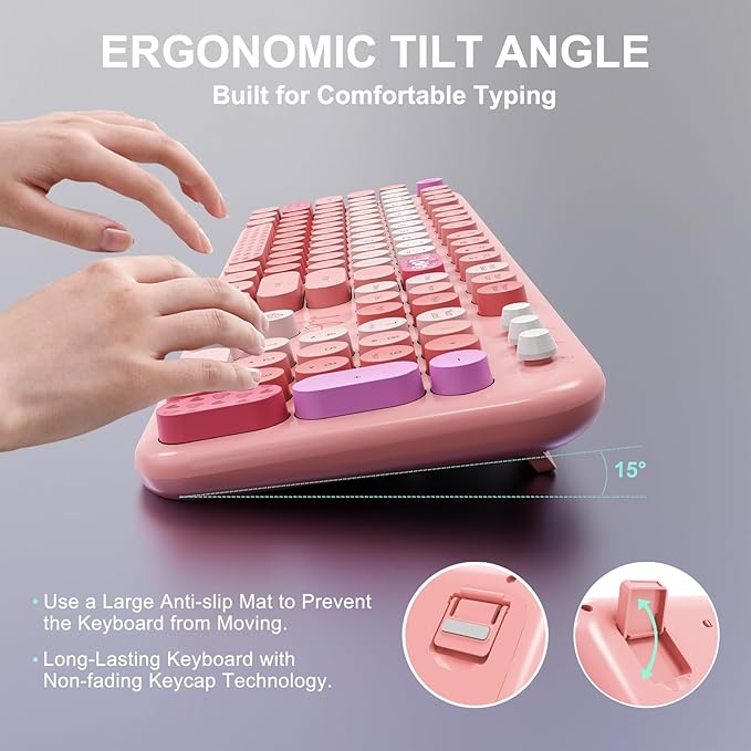 Wireless Keyboard and Mouse Combo, 104 Round Keys Full-Size Cute Colorful Pink - Image 8