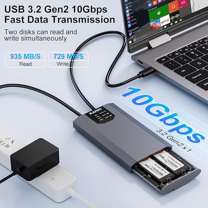 MAIWO Dual NVMe Clone SSD Enclosure, USB3.2 GEN2X2 10Gbps, Support AHCI to NVMe - Image 2