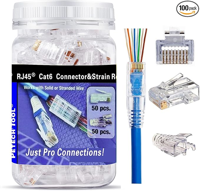 PETECHTOOL RJ45 CAT6 Pass Through Connectors Gold Plated 8P8C Plugs and Strain by PETECHTOOL