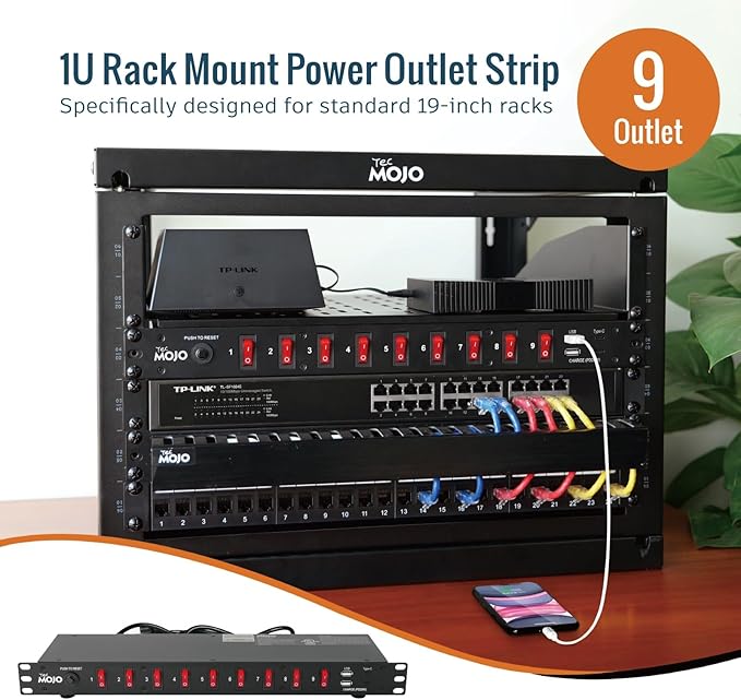 Tecmojo 9-Outlet Rack Mount Power Strip, 1U Horizontal PDU Individual Switch - Image 3
