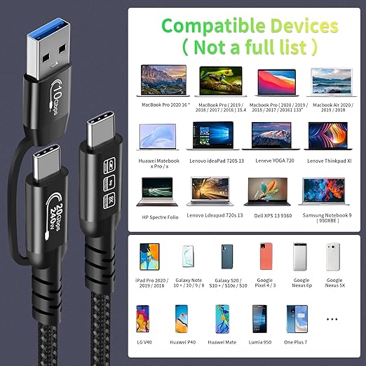 CABLEDECONN USB2.0 A to USB C 3.2 Type C 20Gbps Male to Male Detachable 0.5m - Image 6