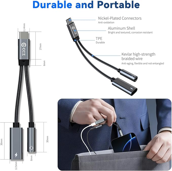 USB Type C to 3.5mm Headphone and Charger Adapter, 2 in 1 USB C to Aux Audio - Image 7