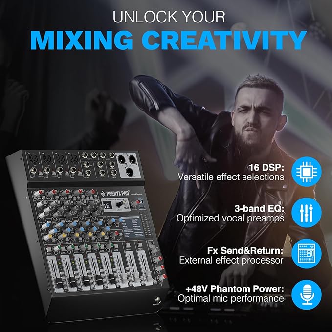 Professional 6-Channel Audio Mixer, Phenyx Pro DJ Sound Mixer Board w/Flexible - Image 4