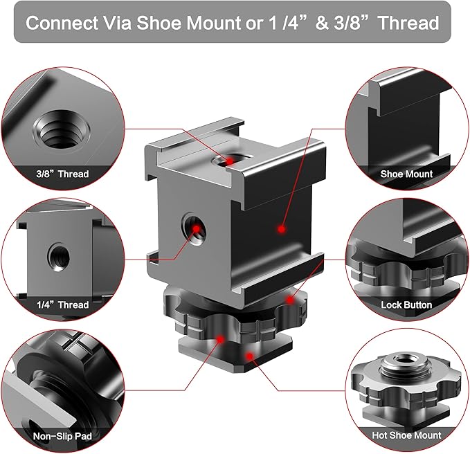 Triple Cold Shoe Mount Cold Shoe Adapter, 360 Degree Swivel Aluminum Camera Hot - Image 3