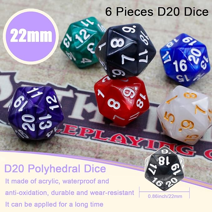 Handan 6 Pieces D20 Polyhedral Dice, 20 Sided DND Dice, 22mm Large Pearl Mixed - Image 6