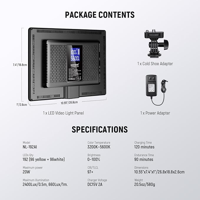 NEEWER 192 LED Video Light Panel, 20W Ultra Thin Bi Color Dimmable DSLR Camera - Image 11