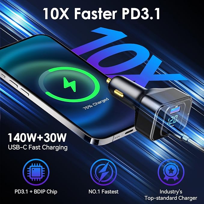 170W PD3.1 Car Charger with LED Voltage Display, USB-C Cigarette Lighter - Image 2