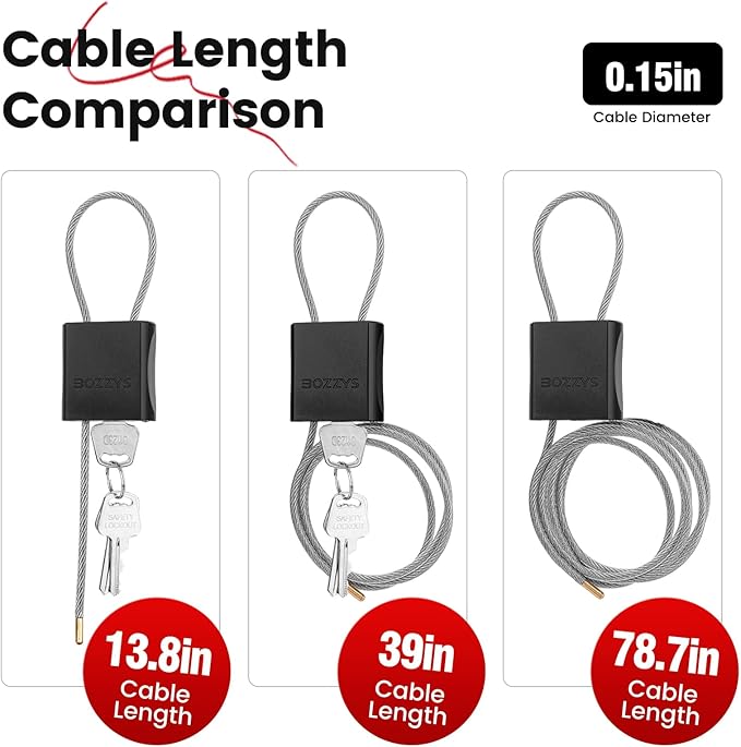 Cable Lock with 3 Keys | L 3.28ft, D 1/6in Adjustable Steel Cable Padlock | - Image 8