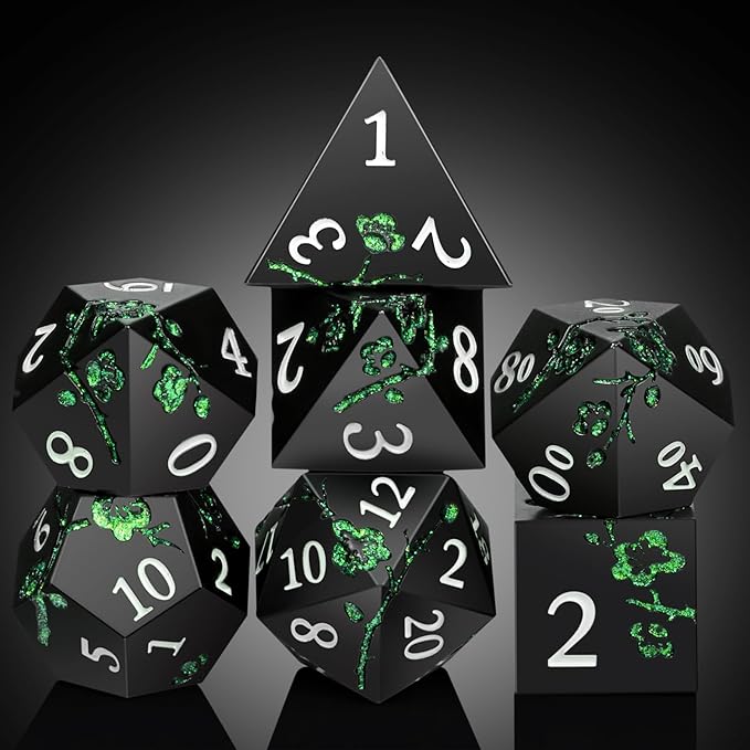 Glitter Green DND Metal Dice, DNDND 7 PCS Flower Metallic DND Dice Set - Image 4