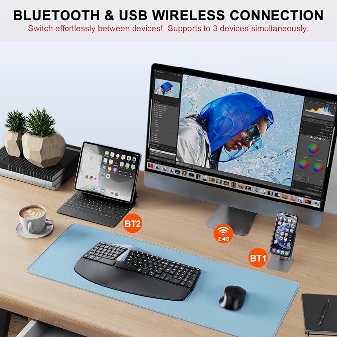 Ergonomic Wireless Keyboard Mouse Combo, MK835 Wave Keys Bluetooth/2.4G Split - Image 4