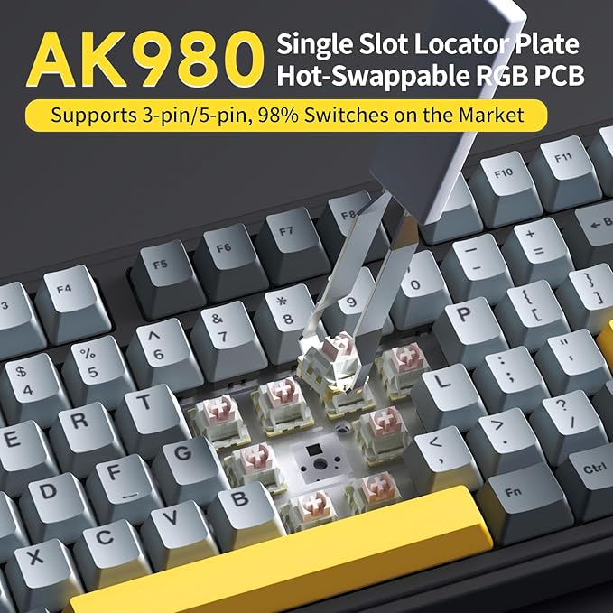 NACODEX Ajazz AK980 Grey Yellow Wireless Mechanical Gaming Keyboard, Tri-Mode - Image 3