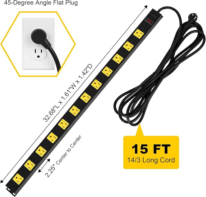 SURAIELEC 12 Outlet Long Metal Power Strip, 15FT Cord Surge Protector, Angled - Image 6