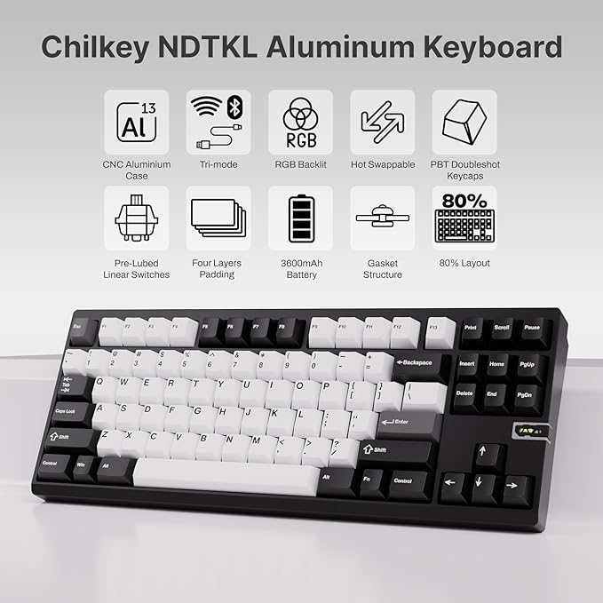Chilkey ND TKL Aluminum Mechanical Keyboard, 87 Keys Tenkeyless Wireless Gaming - Image 2