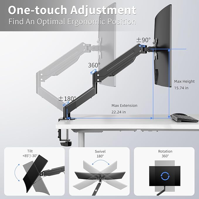 Suptek Single Monitor Mount, Adjustable Gas Spring Monitor Arm Desk Mount Stand - Image 3