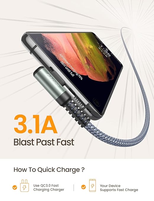 AINOPE USB C Cable 10FT 3.1A Type C Charger Fast Charging, Right Angle USB Type - Image 3