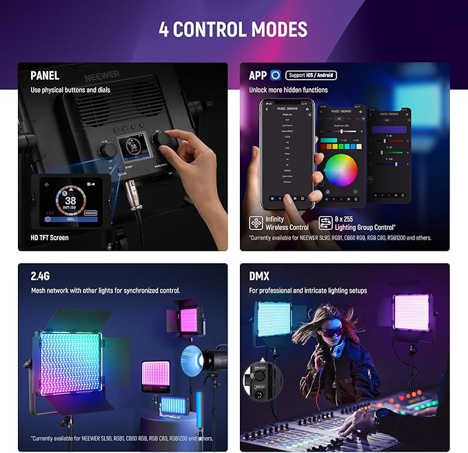 NEEWER PL60C RGB LED Panel Video Light APP/2.4G/DMX Control, 60W 23000Lux/0.5m - Image 6