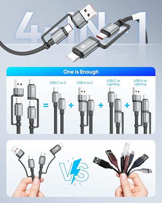 SUNGUY 4 in 1 Charging Cable 6FT, 60W Multi Charging Cable, USB-C/A to - Image 2