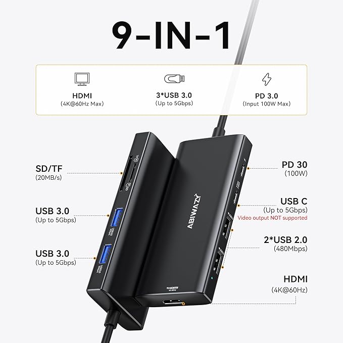 Hub Multiport Adapter for MacBook Pro/Air, 9 in 1 Accessories Mac USB C Dongle - Image 2