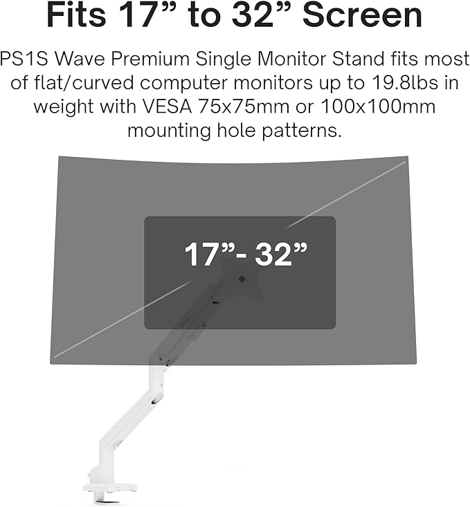 Pixio PS1S Wave White Single Monitor Arm Stand Desk Mount - Image 2