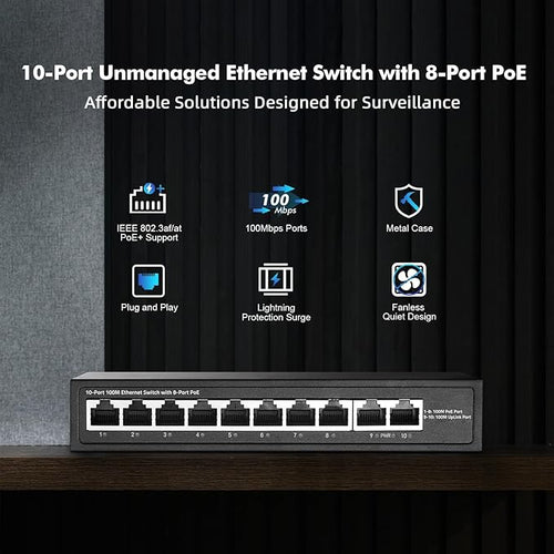 10 Port Mini PoE Switch with 8 PoE+, 2 Uplink, 10/100Mbps Ethernet, 120W - Image 2