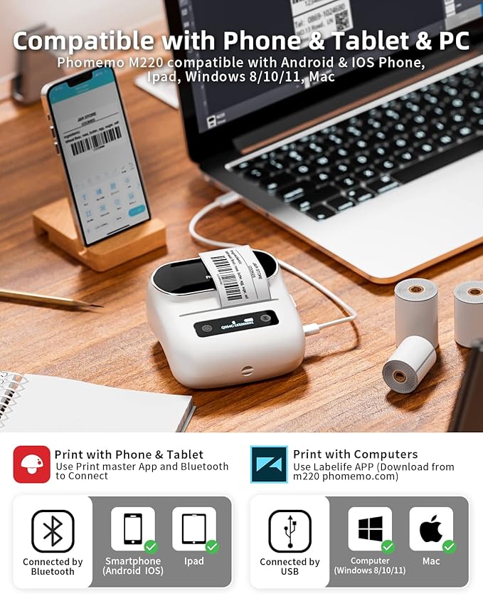 Phomemo Label Maker, M220 Barcode Printer, Thermal Bluetooth Label Printer - Image 4