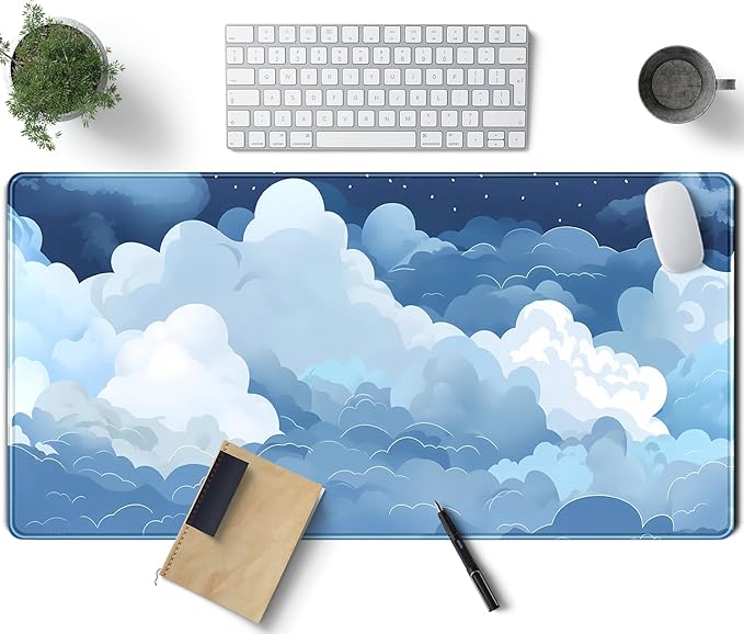 Aesthetic Blue and White Puffy Clouds Desk Mat, XXL Large Kawaii Blue Extended by TENG+DA+QING