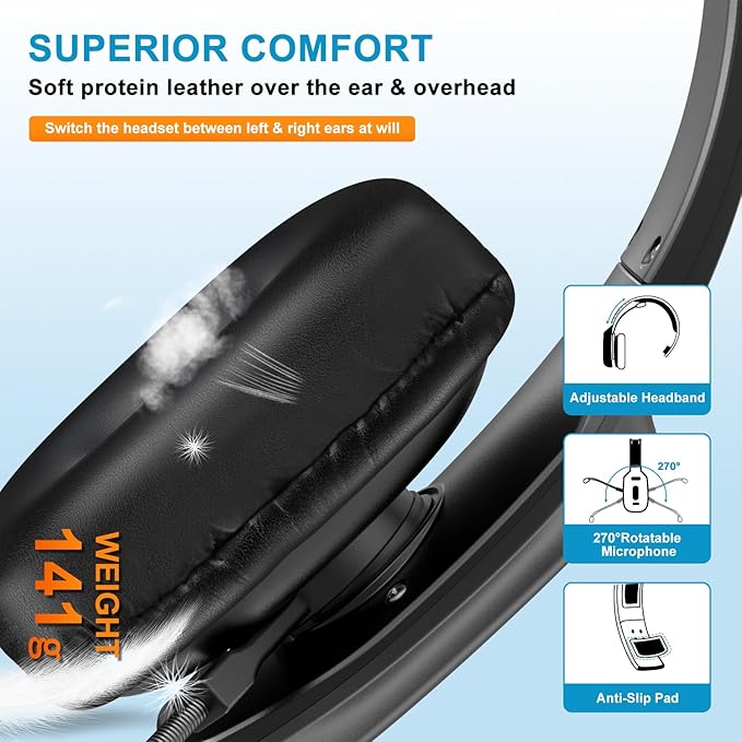 Bluetooth Headset, 60hrs Noise Canceling V5.2 Over Head Headphones, Single Ear - Image 4