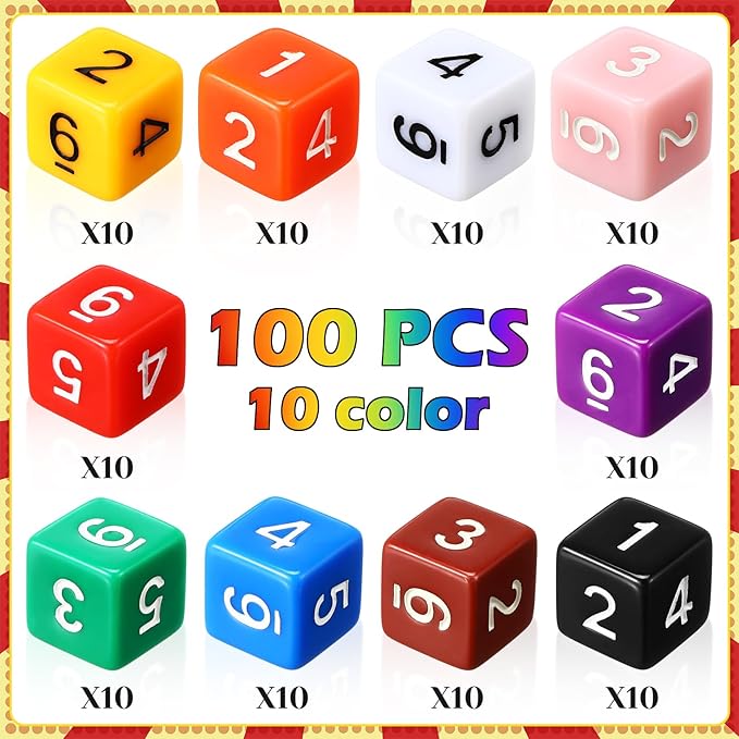 Poen 100 Pcs 16mm Dice Set Bulk, 6 Sided Standard Colored Dices - Image 3