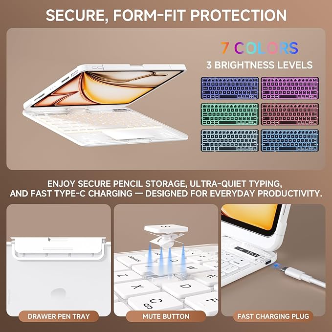 Transparent Case with Keyboard for iPad 9th 10.2 Inch, with 7-Color Backlit - Image 7