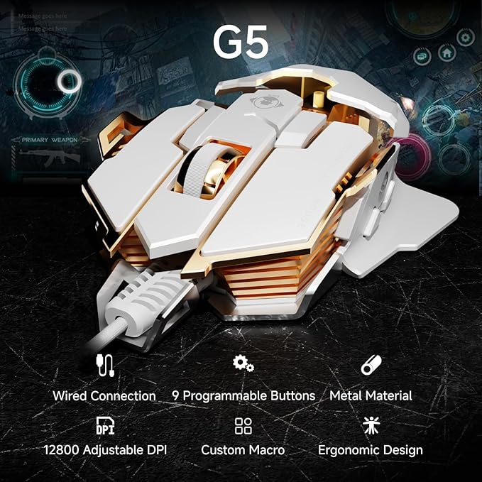 EWEADN G5 Wired Gaming Mouse, Ergonomic RGB Computer Mouse, 12800 Adjustable DPI - Image 2