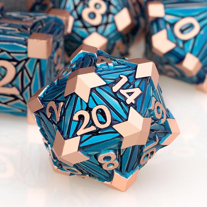 7PCS Metal DND Dice Set with Box, Debris RPG Copper Blue D and D Dice by ORIFANTOU