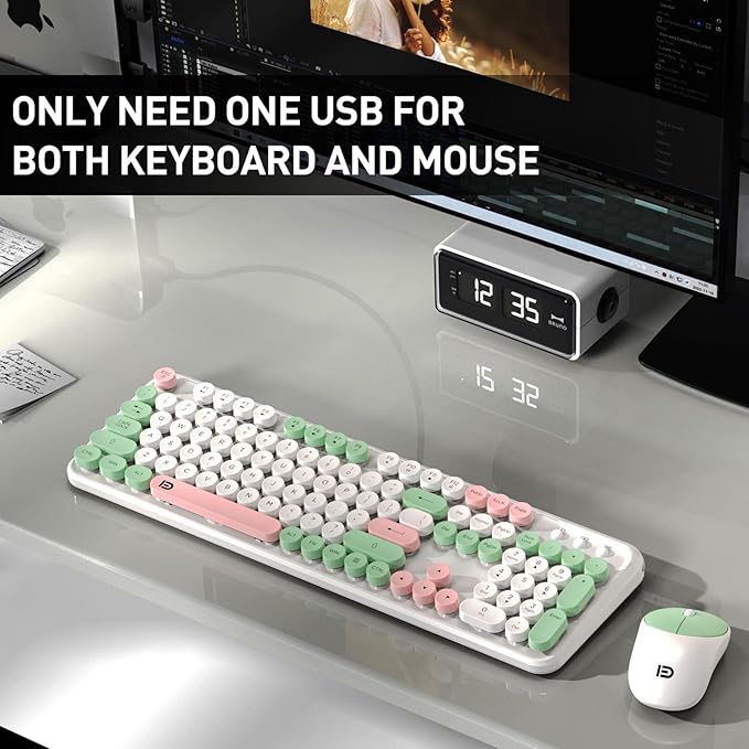 Wireless Keyboard and Mouse Set, 105 Keys Full-Size Cute Colorful Keyboard and - Image 9